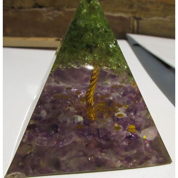 TREE OF LIFE PERIDOT AMETHYST GRAVEL GOLD FOIL GREEN FLUORITE TREE paperweight - Picture 5 of 5